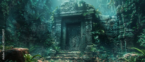 Mysterious ancient jungle temple overgrown with lush vegetation and bathed in eerie light  evoking a sense of adventure and discovery.