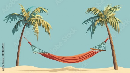 A Hammock Tied Between Two Palm Trees  Gently Swaying In The Breeze  Cartoon  Flat color