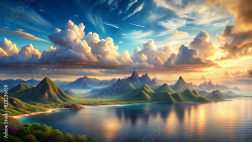 A panoramic landscape digital art creation showcasing a wide vista of layered mountains cascading towards a serene sea, matching the temperature and exposure of the reference image.  photo