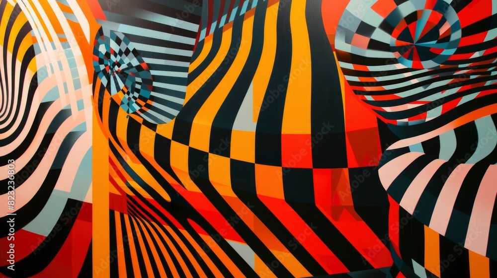 A colorful abstract painting with stripes and swirls. The painting is full of energy and movement, with the colors blending together in a dynamic way A colorful abstract painting with stripes and swirls. The painting is full of energy and movement, with the colors blending together in a dynamic way