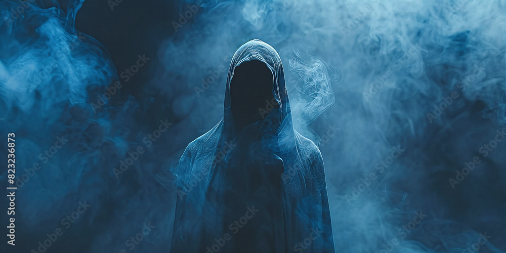 Mysterious Hooded Specter in Blue Haze. Concept Halloween Ghost Mysterious Hooded Specter in Blue Haze. Concept Halloween Ghost