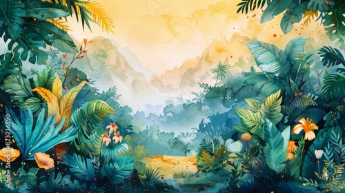 Lush tropical rainforest scene with vibrant foliage  exotic flowers  and a serene misty atmosphere under a golden sky.