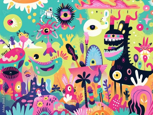 Design art colorful painting of a jungle with many different creatures  including a dragon. The mood of the painting is whimsical and playful  with a sense of wonder and curiosity