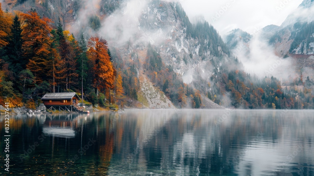 Naklejka premium A cabin is on the shore of a lake with a mountain in the background. The lake is calm and the sky is cloudy