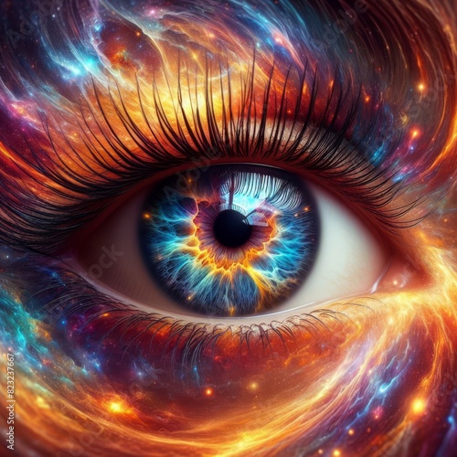 An artistic depiction of an eye blended with cosmic elements, evoking the mystery and vastness of the universe.. AI Generation