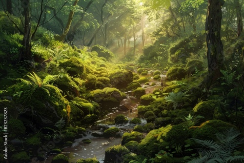 A lush green forest with a stream running through it. The sunlight is shining through the trees  creating a peaceful and serene atmosphere