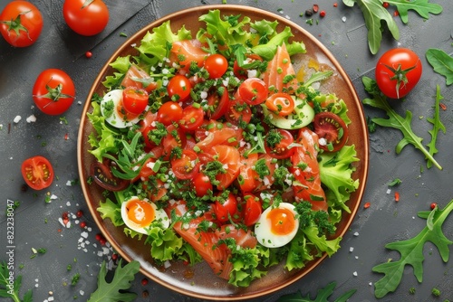 Smoked Salmon Salad, Seafood Dish Salat, Red Caviar, Dried Cherry Tomatoes, Quail Eggs
