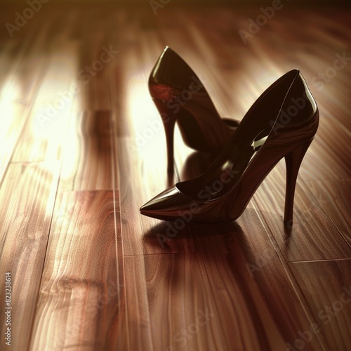 Two black high heels are on a wooden floor. The heels are pointed and the floor is made of wood photo