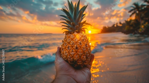 A person holding a pineapple on a beach at sunset © ศิริธัญญา ตันสกุล