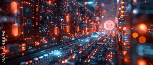 Futuristic circuit board with glowing red and blue lights, depicting advanced technology and digital innovation in a high-tech environment. © INsprThDesign