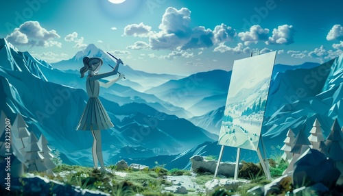 In a moment of inspiration, a paper woman sketches a breathtaking landscape, her talent evident in every stroke.  photo