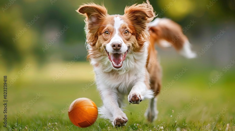 Visualize a dog experiencing the thrill of playing fetch, chasing after a ball with boundless energy Visualize a dog experiencing the thrill of playing fetch, chasing after a ball with boundless energy