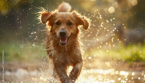 Visualize a dog feeling joyful, running through a sprinkler on a hot day photo