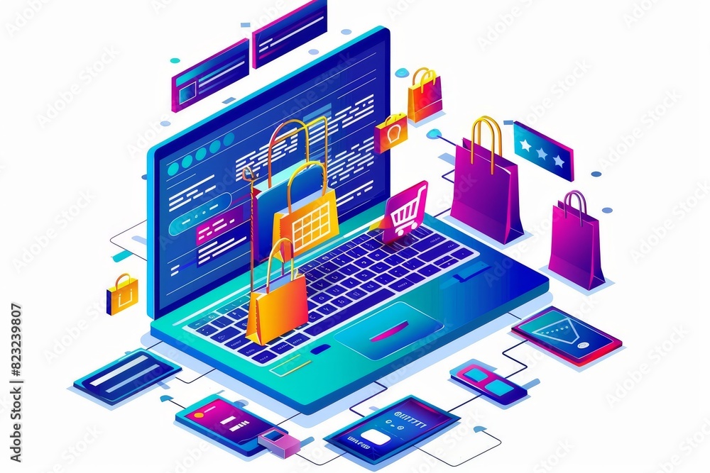 Naklejka premium Illustration of Ecommerce Elements on Laptop with Shopping Bags