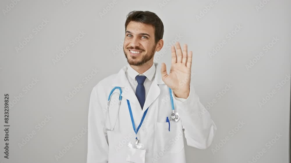 Cheery young hispanic man doctor with a beard, flashing a confident, joyful smile and waving 'hello'. handsome portrait of joyous greeting and a friendly welcome. isolated on a white background. Cheery young hispanic man doctor with a beard, flashing a confident, joyful smile and waving 'hello'. handsome portrait of joyous greeting and a friendly welcome. isolated on a white background.