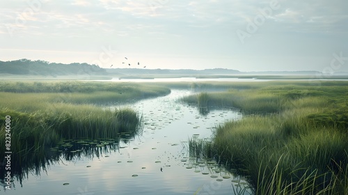 Tranquil Coastal Wetland with Diverse Bird Species Highlighting the Importance of Habitat Conservation photo