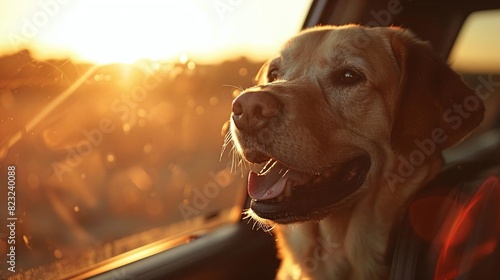 Visualize a dog feeling secure and happy, enjoying a car ride with its head out the window photo