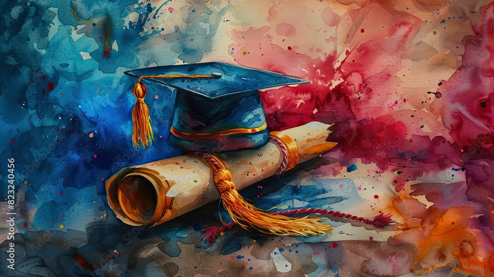 Graduation cap and diploma on watercolor background