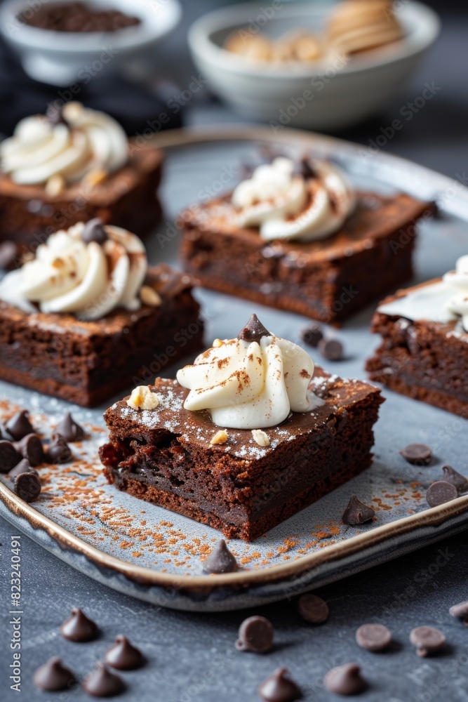 Chocolate Brownies with Whipped Cream Topping and Chocolate Chips on a Plate
Chocolate Brownies with Whipped Cream Topping and Chocolate Chips on a Plate