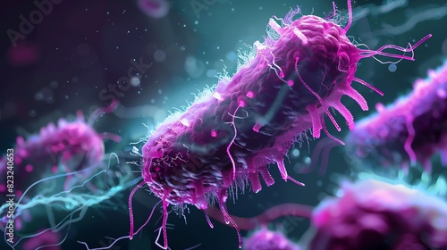 3D rendering of a purple and pink bacteria or virus under a microscope, showcasing medical and scientific research in microbiology. photo