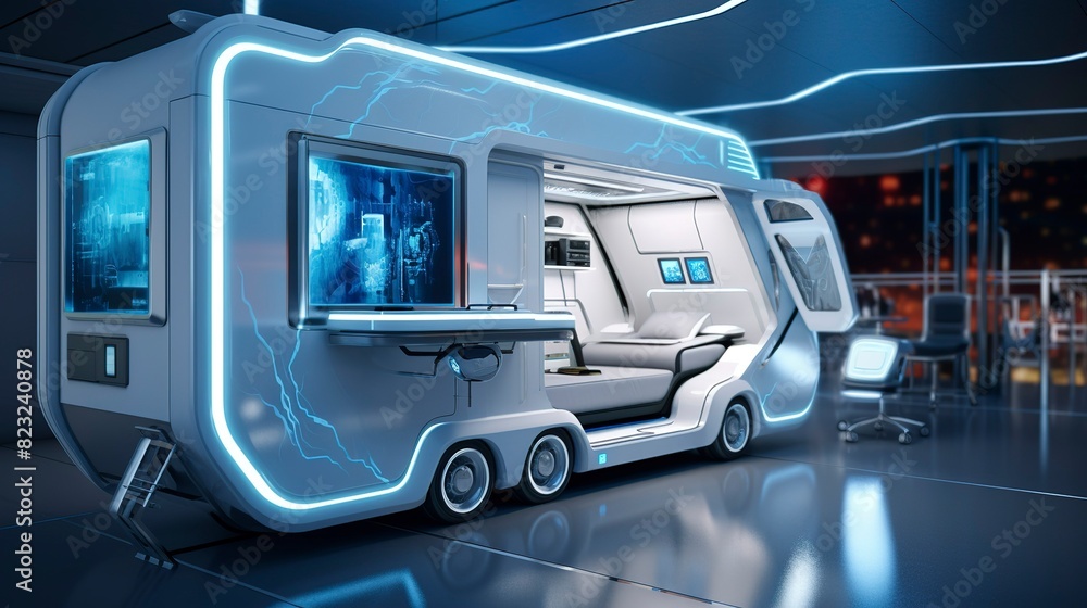 A photo of a futuristic mobile medical clinic. A photo of a futuristic mobile medical clinic.