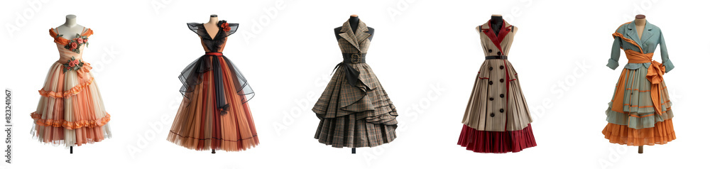 Obraz premium Set of five vintage-style dresses on mannequins isolated on a transparent background, suitable for fashion and retail themes, particularly relating to costume design and historical fashion