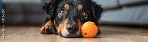 Imagine a dog feeling playful, pouncing on a squeaky toy photo