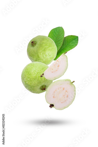 Flying group guava fruit with slice and leaves isolated on white background.
