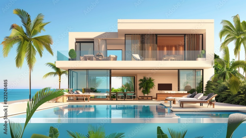 A Luxurious Beachfront Villa With A Private Pool And Ocean Views, Cartoon ,Flat color