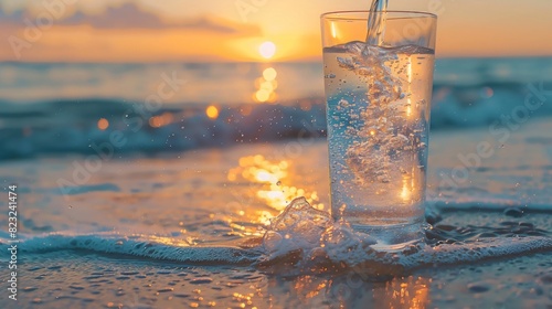 clear glass on sand being filled with water against the backdrop of a setting sun.