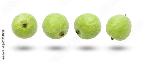 Flying guava fruit collection isolated on white background.