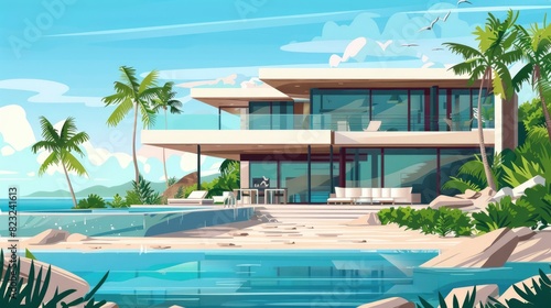 A Luxurious Beachfront Villa With A Private Pool And Ocean Views  Cartoon  Flat color