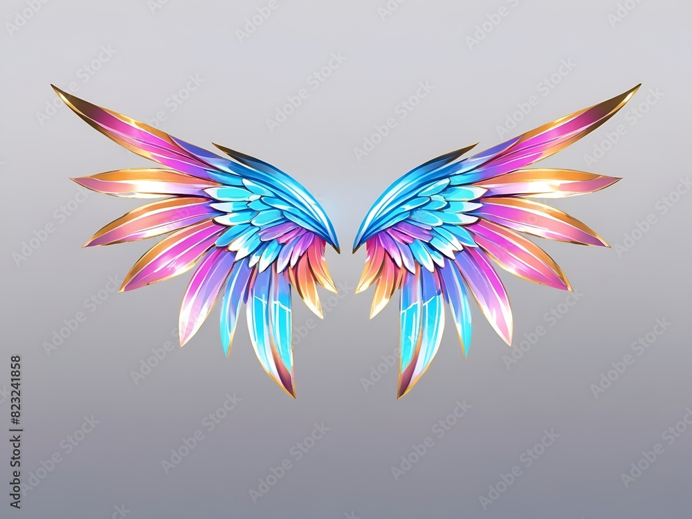 Beautiful magic angel wings spread wide on gray background. 3D illustration of colorful fantasy wings