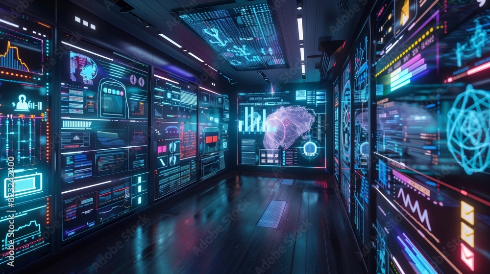 A cutting-edge cybersecurity center with real-time data streams and advanced holographic threat analysis. A cutting-edge cybersecurity center with real-time data streams and advanced holographic threat analysis.