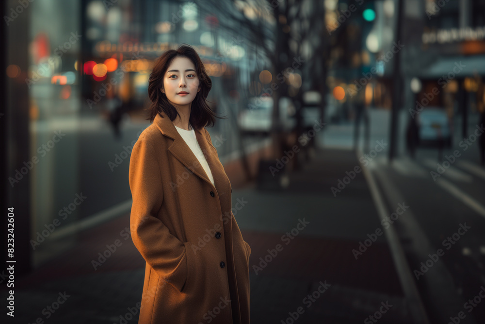 A stylish woman in a brown coat stands confidently on a city street, with urban lights softly blurred in the background, capturing a sense of modern elegance. A stylish woman in a brown coat stands confidently on a city street, with urban lights softly blurred in the background, capturing a sense of modern elegance.