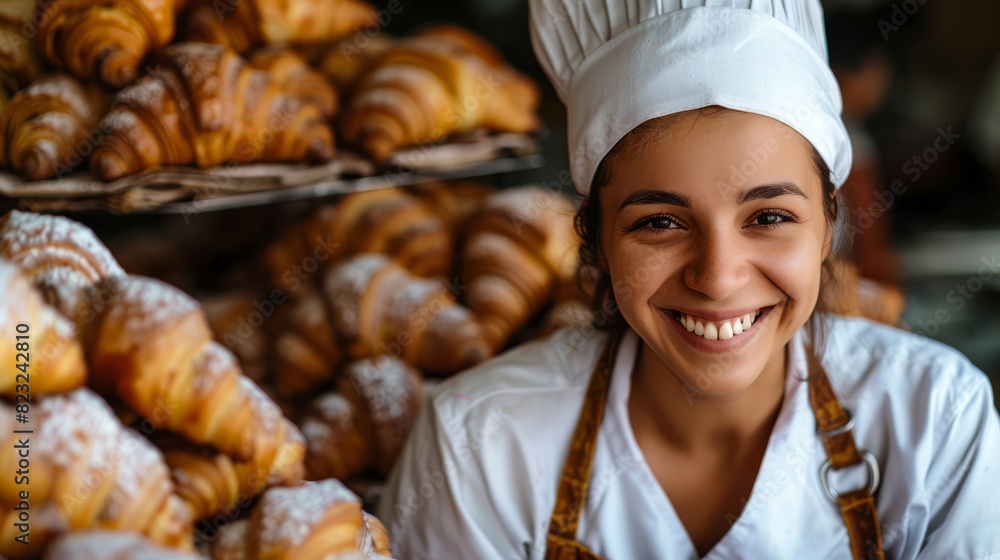 smiling beautiful female confectioner in uniform ,standing near a pile of fresh croissants smiling beautiful female confectioner in uniform ,standing near a pile of fresh croissants