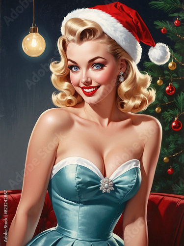 Pretty Glamorous Sultry Stunning Pin Up Female Model Sitting In Front Of A Christmas Tree Vintage Classic Drawing Style 300 PPI High Resolution Image Suitable For Wall Art Poster And Print Production