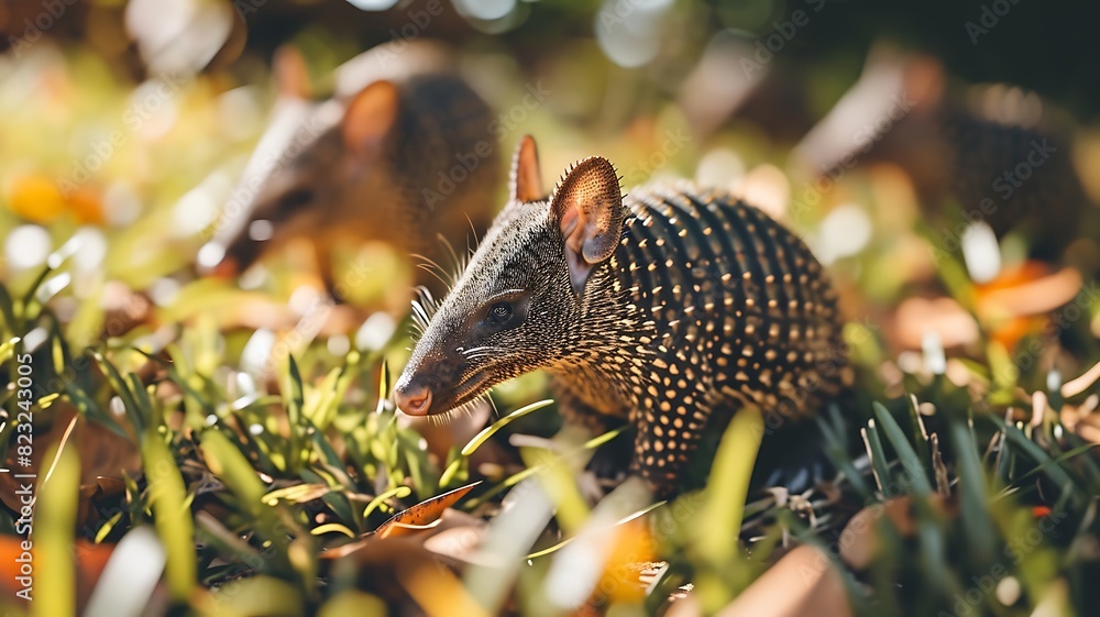 Grassy Gathering: A Group of Armadillos Foraging in a Grassy Field Grassy Gathering: A Group of Armadillos Foraging in a Grassy Field