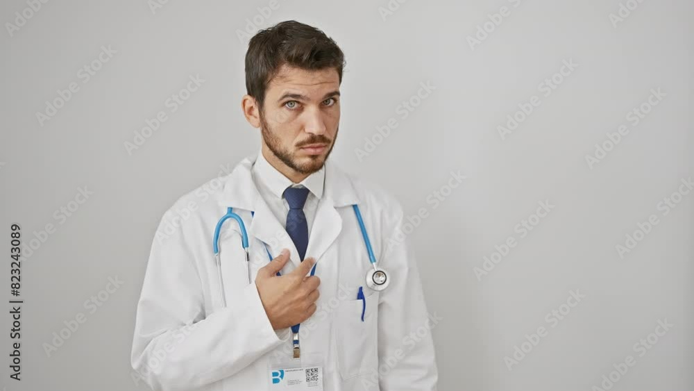 Skeptical young hispanic man with open mouth look, wearing stethoscope, displays a sarcastic expression on white isolated background, leaving onlookers in disbelief. Skeptical young hispanic man with open mouth look, wearing stethoscope, displays a sarcastic expression on white isolated background, leaving onlookers in disbelief.