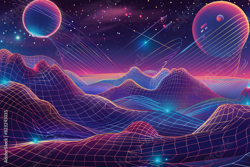 Visualizing the warping of spacetime by a dark dimension gateway on an alien planet, blending physics with cosmic mystery , linear Vector illustration 