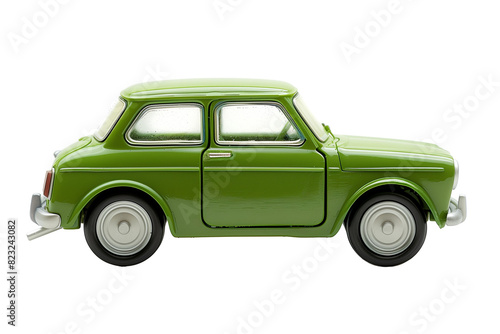 Vintage green toy car model isolated on a transparent background, related to transportation concepts and eco-friendly vehicles