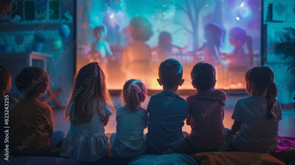 A group of children watching a holographic storybook come to life as characters and scenes are projected into the room.