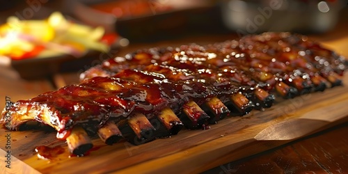 Serving of Sticky Spicy BBQ Pork Ribs on a Wooden Board. Concept Food Photography, BBQ Ribs, Wooden Presentation Board, Sticky Spicy Glaze, Meat Dish