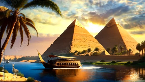 Boat in the river with pyramids backdrop. Seamless looping time-lapse 4k video animation background