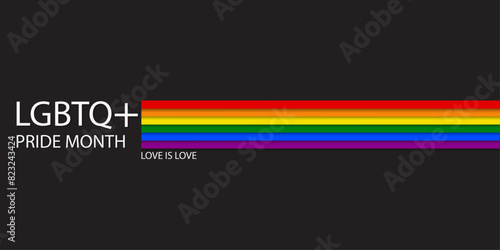 Vector banner with LGBTQ flag for Social media posts, stories, websites. LGBT rainbow symbol poster template. Sticker for the celebration of pride month. Pride Day. Vector illustration.