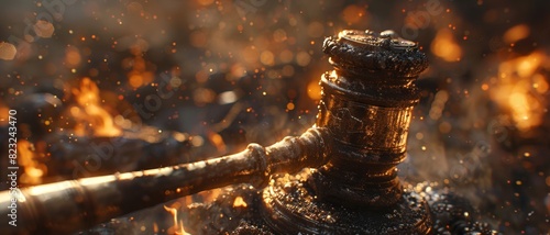 Close-up of a judge's gavel on fire, symbolizing justice, conflict, or intense legal action, with embers and flames surrounding it.