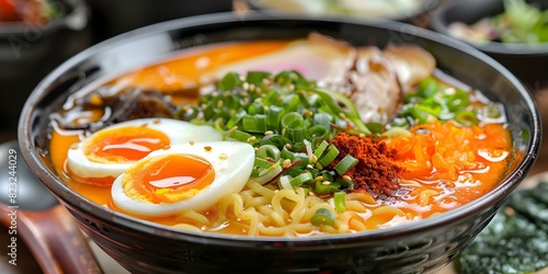 Delicious Spicy Ramen Bowl with Soft-Boiled Eggs, Fresh Toppings, and Flavorful Soup. Concept Ramen Bowl, Spicy, Soft-Boiled Eggs, Fresh Toppings, Flavorful Soup