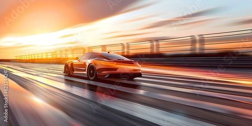 Race car speeding with motion blur as it crosses finish line on asphalt track. Concept Sports Photography, Action Shots, Motion Blur, Racing Events, Automotive Photography photo