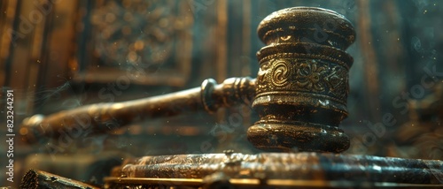 Close-up of a decorative antique gavel with intricate patterns  highlighting its vintage charm in a dimly-lit environment.