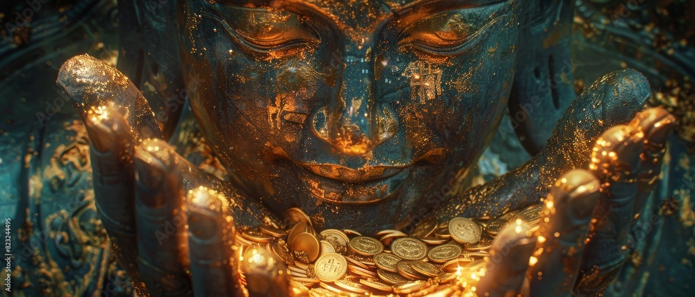 Close-up of a Buddha statue holding golden coins with ambient glowing light, representing wealth, spirituality, and tranquility.